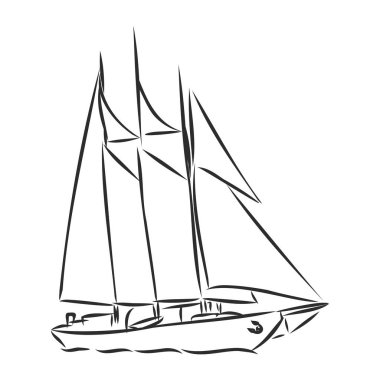 Sailing ship or boat in the ocean in ink line style. Hand sketched yacht. Marine theme design. clipart