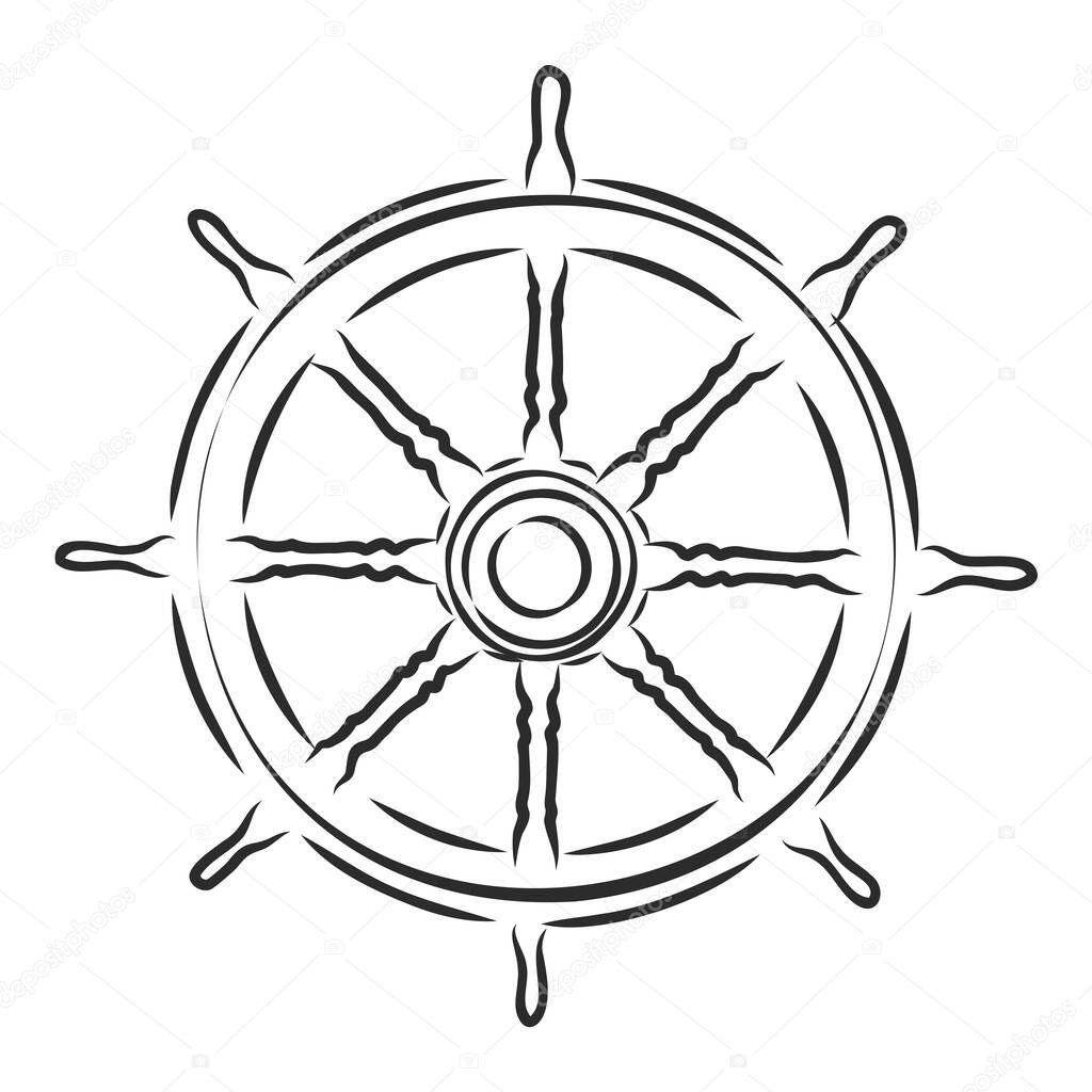 Ship Steering Wheel Hand Draw Sketch. Vector