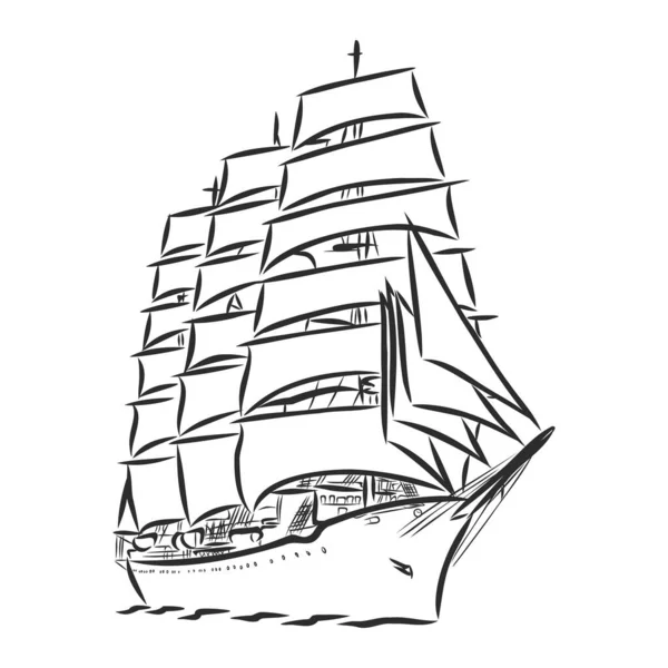 Velero Vector Dibujado Mano Bosquejo Aislado Con Olas Yate Mar — Archivo Imágenes Vectoriales