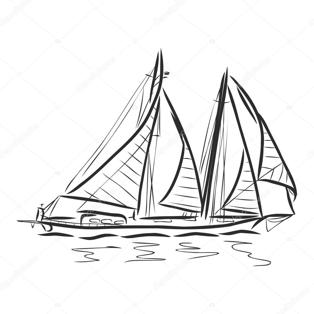 Sailing boat vector hand drawn sketch isolated with waves. Sea yacht floating on the water surface.