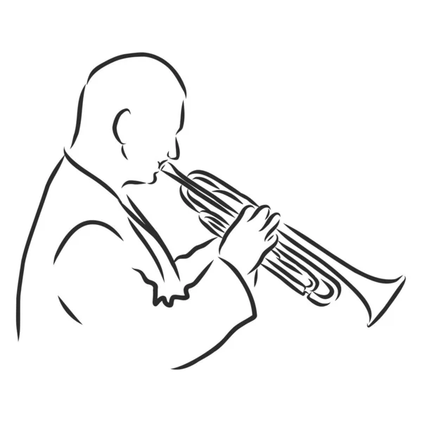Концепция Джазового Плаката Человек Играет Трубе Винтажная Ручная Иллюстрация Эскиз — стоковый вектор