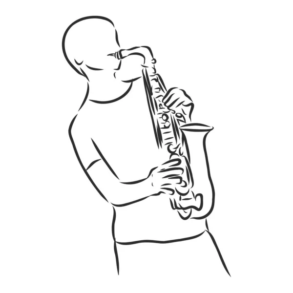 爵士乐海报的概念 男人在吹喇叭古色古香的手绘插图 — 图库矢量图片