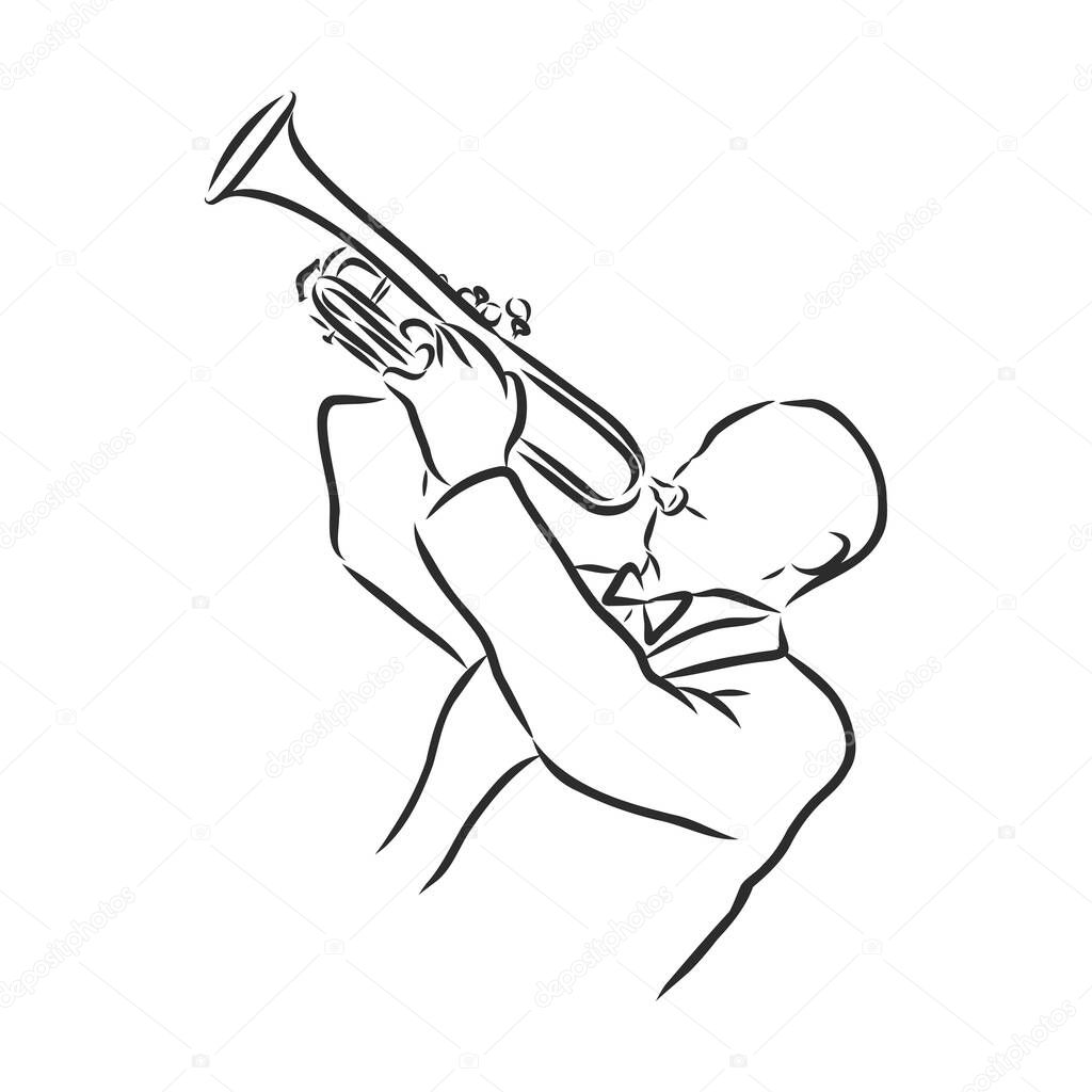 Concept for jazz poster. Man playing the trumpet. Vintage hand drawn illustration, sketch.
