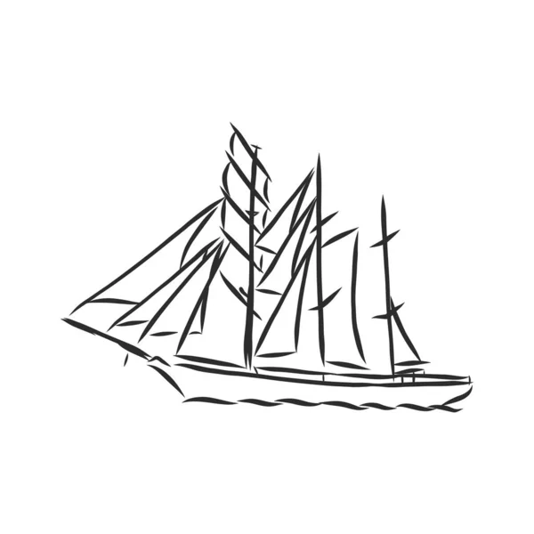 Navio Vela Barco Oceano Estilo Linha Tinta Iate Desenhado Mão — Vetor de Stock