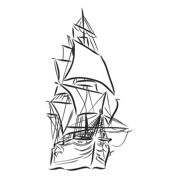 在海里航行的船或小舟用墨水线的形式 手绘草图游艇 海洋主题设计 — 图库矢量图片