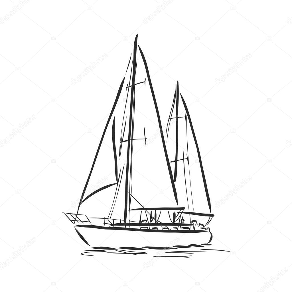 Sailing ship or boat in the ocean in ink line style. Hand sketched yacht. Marine theme design.