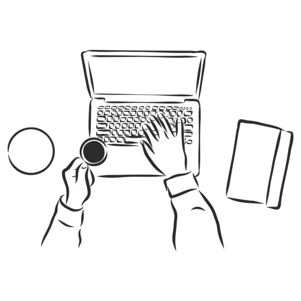 手をコンピューターでスケッチ オフィスワークを行う男 トップビュー 手描きベクトルイラスト — ストックベクタ