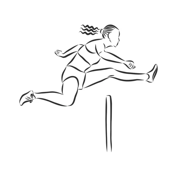 跨栏短跑运动员在跨栏比赛中跨越跨栏的短跑运动员 手绘矢量图解 — 图库矢量图片