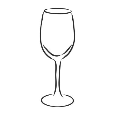 Elle çizilmiş boş şarap kadehi skeci. İşleme stili. Vektör illüstrasyonu beyaz arkaplanda izole edildi.