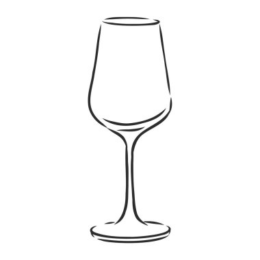 Elle çizilmiş boş şarap kadehi skeci. İşleme stili. Vektör illüstrasyonu beyaz arkaplanda izole edildi.