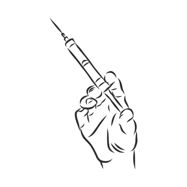그림에 아이콘이 그려져 있습니다 Syringe Vaccine Injection 약이나 항생제 스케치를 — 스톡 벡터