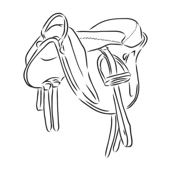 Классическое седло для лошадей, лошадиное снаряжение для езды. Ручная иллюстрация в гравированном стиле. Вектор изолирован на белом фоне. Концепция избавления от лошадей
