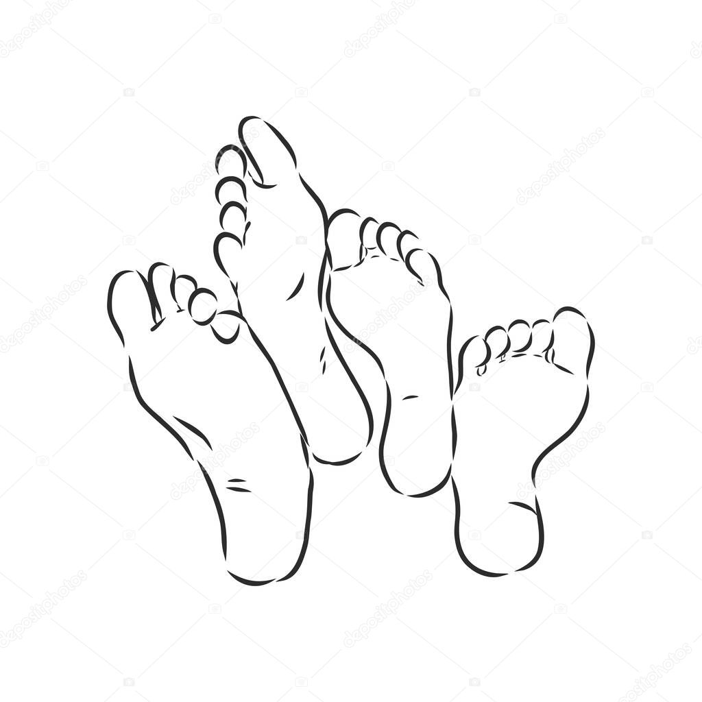 Isolated vector illustration. Hand drawn sketch of a bare human foot or sole. Black and white silhouette.