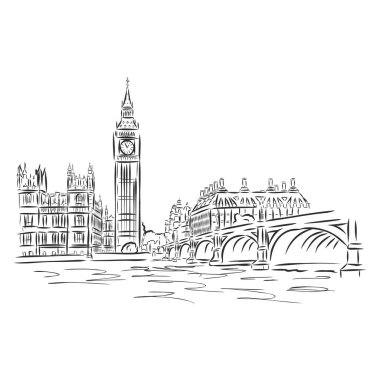Meşgul Parlamento Meydanı 'nın kalabalık manzarası. Önünde Big Ben, önünde çift katlı otobüs, arkasında da Londra gözü var. Beyaz arka planda izole edilmiş bir çizim. EPS10 vektör illüstrasyonu.