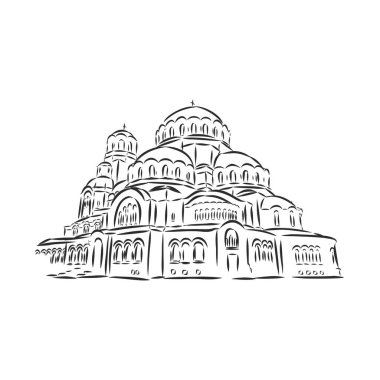 Bulgaristan 'ın Sofya kentindeki Alexander Nevsky Katedrali. Siyah saplı elle çizilmiş bir resim, bir binanın izlenmiş bir resmi..