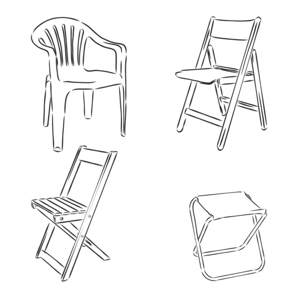 Zestaw Składanych Krzeseł Białym Tle Izolacji Ilustracja Wektora Stylu Szkicowym — Wektor stockowy