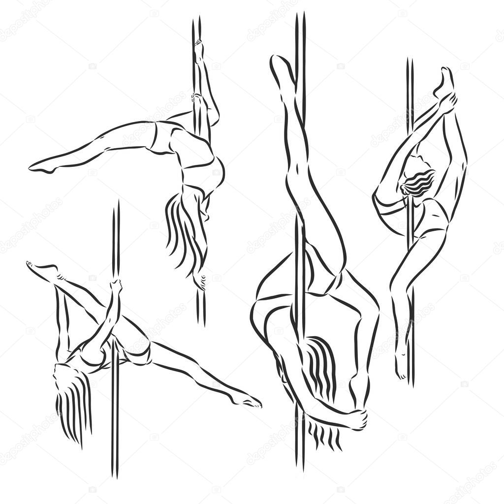 Beautiful girl , pole dance , dancer , sketch, vector on a white background