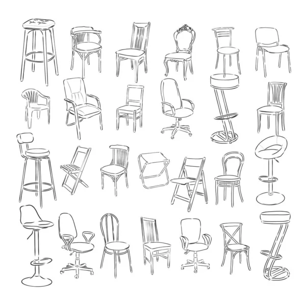 Nábytek Interiér Detailní Kolekce Obrysů Židle Židle — Stockový vektor