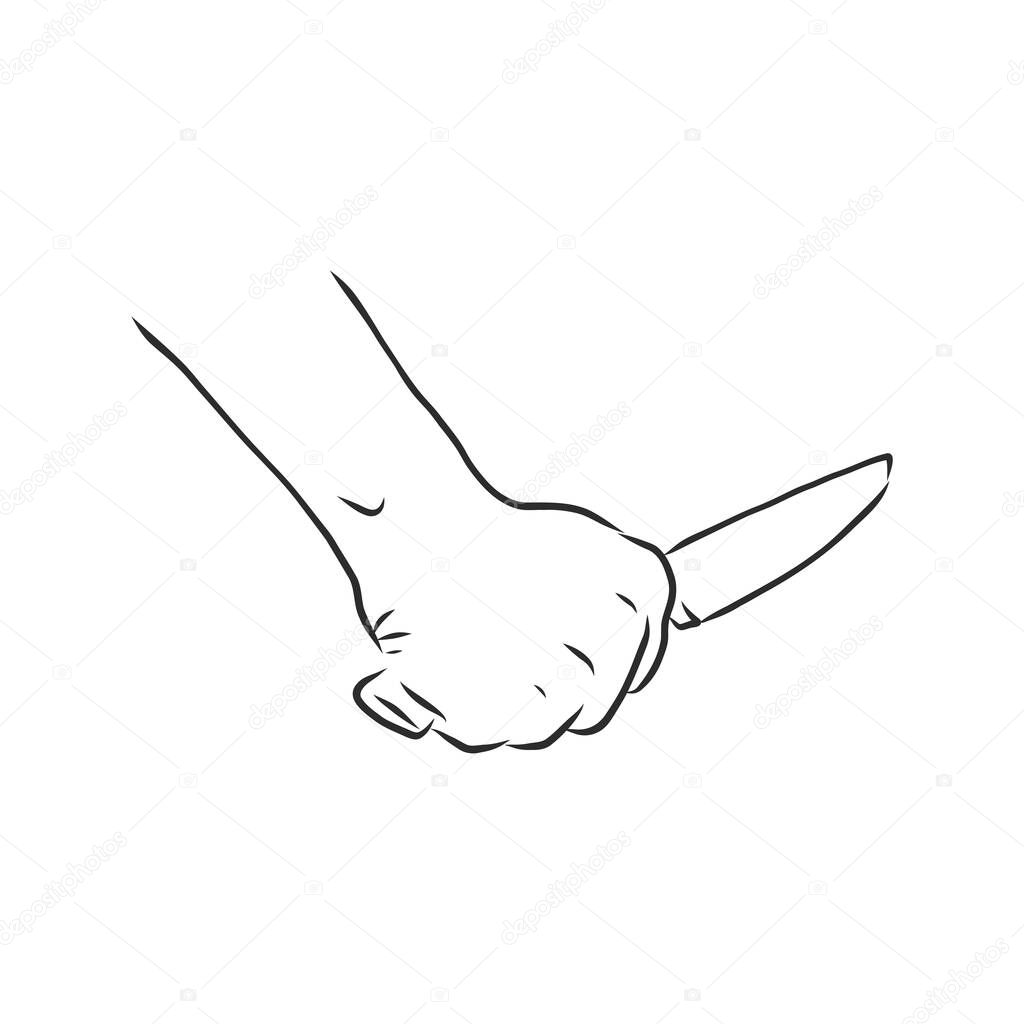 Hand holding a sharp knife or dagger logo element - vector line art illustration.