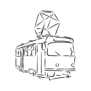 Klasik tramvay seti. Retro taşıma. Eski günler. Vektör el çizimi çizimi.