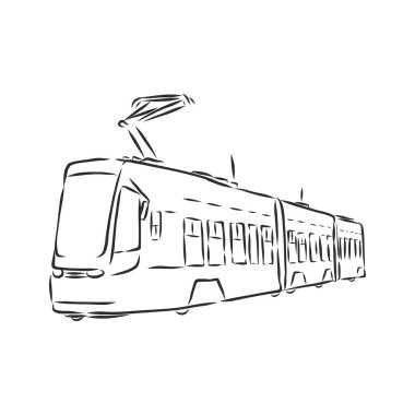 Bir tramvayın izole vektör çizimi. Toplu taşıma. El çizimi çizgisel mürekkep çizimi. Beyaz arkaplanda siyah siluet.