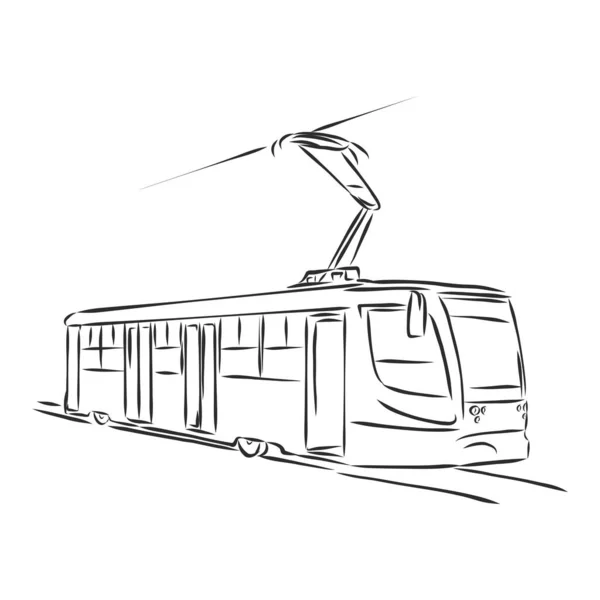 Isolerad Vektor Illustration Spårvagn Kollektivtrafik Städer Handritad Linjär Doodle Bläckskiss — Stock vektor