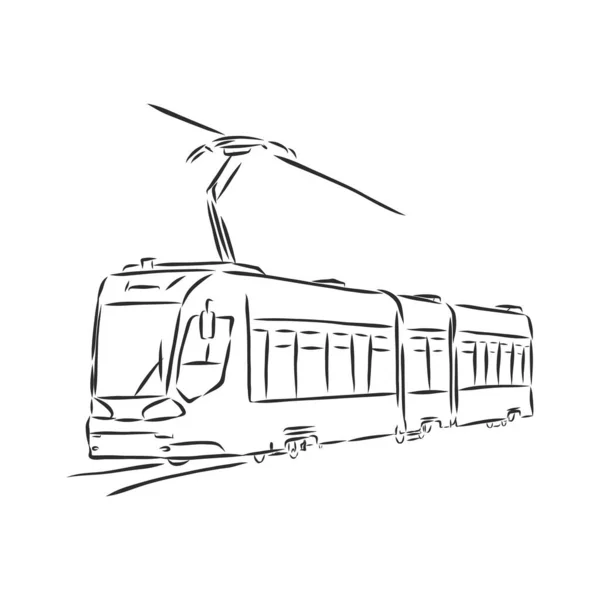 有轨电车的孤立矢量图解 城市公共交通 手绘直线涂鸦油墨草图 白色背景的黑色轮廓 — 图库矢量图片