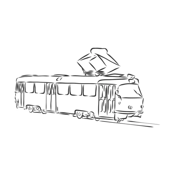 Ilustración Vectorial Aislada Tranvía Transporte Urbano Público Dibujo Tinta Garabato — Vector de stock