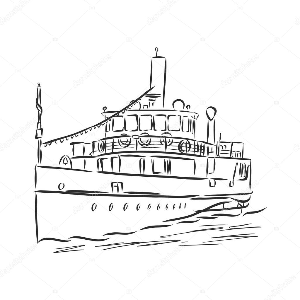 ship, steamboat, steamship, doodle style sketch illustration hand drawn vector