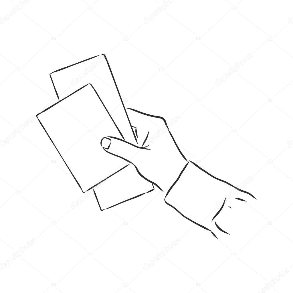 Hand-drawn sketch of hand holding ticket. tickets in hand, vector sketch