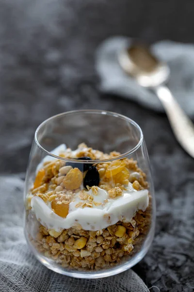 Buatan rumah organik segar yogurt parfait dengan granola, kacang-kacangan dan kismis di kaca pada latar belakang beton abu-abu — Stok Foto