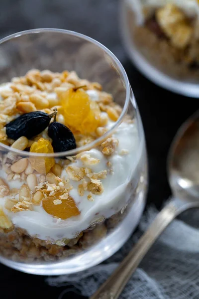 Hemlagad ekologisk färsk grekisk yoghurt parfait med granola, nötter och russin i glas på grå betong bakgrund — Stockfoto