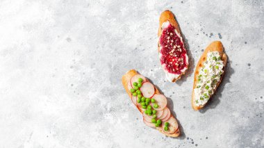 Çeşit çeşit fırça ya da tapas seti gri beton arka planda farklı tatlı ve lezzetli. Düz İtalyan aperatifleri açık tost sandviçi ve sebze görünümlü fotokopi alanı düz yatıyordu.