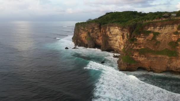 Top view from the drone on magnificent cliff on sea coast covered with greenery and vegetation. — Stock Video