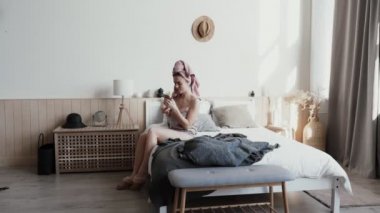 Funny girl dressed in nightwear and home slippers