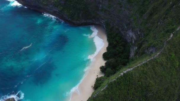Πάνω θέα από το drone σε υπέροχο βράχο στην ακτή της θάλασσας που καλύπτεται με πράσινο και βλάστηση. Ασιατικό τοπίο θέα από ψηλά του ωκεανού με τιρκουάζ καθαρά νερά, ένα εξαιρετικό μέρος για να χαλαρώσετε. — Αρχείο Βίντεο