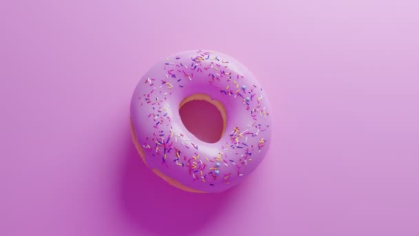 甜而多汁的烤金甜甜圈在糖釉中，巧克力像在广告中一样旋转着，甜甜地撒满了粉红色的金黄色和蓝色。早餐烘焙食品，新鲜食品 — 图库视频影像