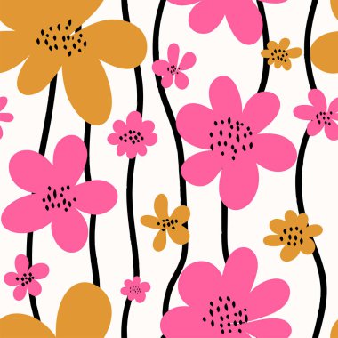 Beyaz arka planda elle çizilmiş pembe ve sarı çiçekli kusursuz soyut desen. İskandinav tarzı çiçek deseni. El çizimi vektör illüstrasyonu.
