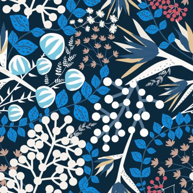 Sönük mavi renklerde, kusursuz çiçek deseni. Renkli el çizimi vektör illüstrasyonu.