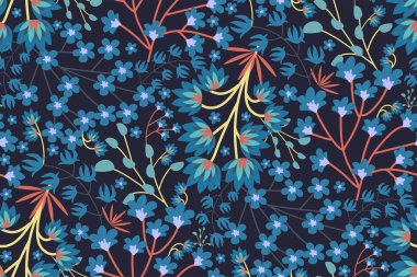 Sönük mavi renklerde, kusursuz çiçek deseni. Renkli el çizimi vektör illüstrasyonu.