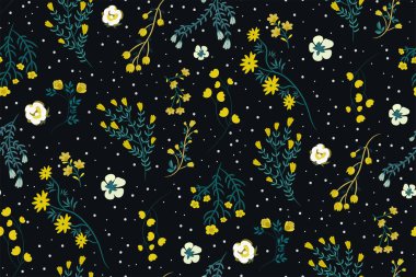 Beyaz, sarı çiçekli ve koyu arkaplanda yeşil dalları olan kusursuz bir desen. Çiçek retro baskısı. Bir çok bitkinin olduğu botanik doku, benekli nokta. Moda tasarımı için zarif bir şablon.