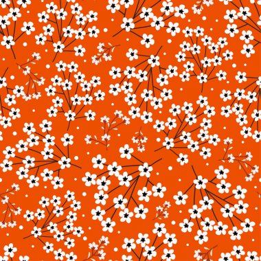 Kırmızı zemin üzerinde beyaz küçük çiçekler olan kusursuz bir desen. Asya çiçekli parmak izi. Çiçek açan dallar. Çin, Kore, Japon Botanik Portakalı. El çizimi bir vektör illüstrasyonu.