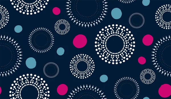 Etnik çevreler ve parlak renkli puantiyeli soyut geometrik kusursuz desen. Halk motifleri süslemesi. Kumaşlar, kapaklar, fayanslar, baskılar, iç dekorasyon için mükemmel tasarım..
