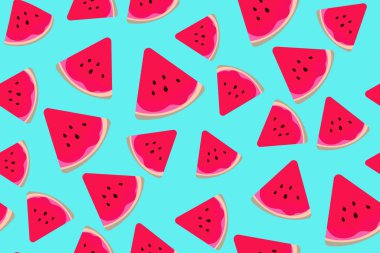 Parlak turkuaz arka planda karpuz dilimleri dikişsiz çiçek deseni. Vektör. Meyve Duvar Kağıdı, Moda Yazısı. Modern grafik tasarımı.