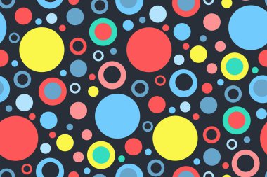 Farklı renklerde daireleri olan kusursuz geometrik desen. Parlak renklerle soyut baskı. Modern retro. Mephis. Karanlık bir arka planda yuvarlak ve halkalar. Vektör el çizimi illüstrasyon.