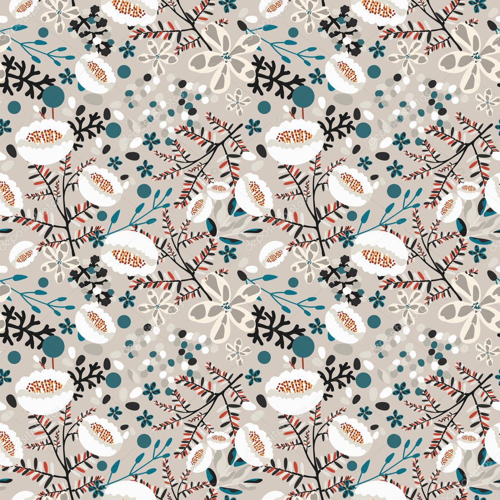 Beautiful vintage floral pattern. Elegant print with different kinds of flowers on a light brown background. Hand-drawn texture. Template for fashion fabrics, interior design, covers... Perfect vector