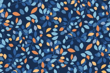 Mavi arka planda renkli yaprakları olan kusursuz çiçek deseni. Yaratıcı modern tasarım. El çizimi vektör çizimi. Duvar kağıdı, kumaş, kitap kapakları, dergiler, kartpostallar için mükemmel..