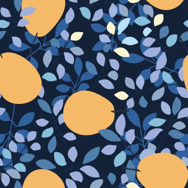 Sarı armut ve koyu arka planda mavi yapraklı kusursuz desen. Meyve izi. Kumaş ve duvar kağıdı için vektör baskısı