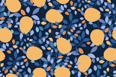 Meyveli modern soyut baskı. Armutlar ve yapraklar karanlık bir arka planda. Zarif el yapımı desen. Vektör