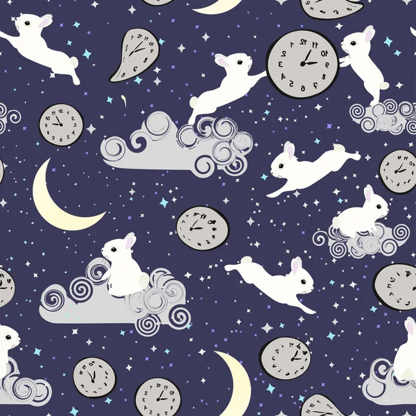 Seamless Pattern White Rabbits Clocks Space Starry Sky Background — 스톡 벡터